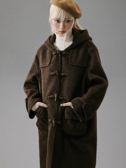 "Ebony Rose" Wool-Blend Hooded Toggle Long Coat - Caramel