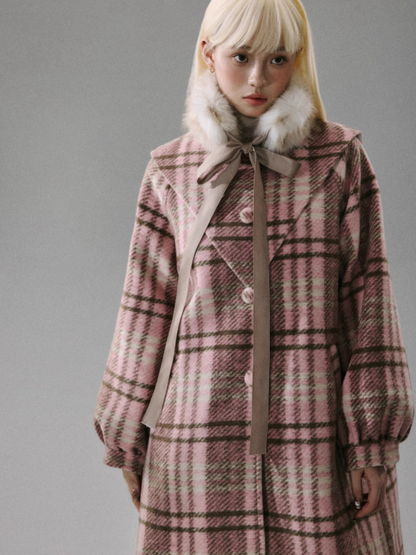 "Ice Blue Checks" Wool A-Line Sailor-Collar Coat - Pink