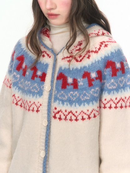 “Christmas Candy Market” Hooded Pony Fair Isle Knit Cardigan WW2025475