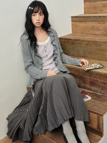 DAILY ARTIST - Dark Gray Textured Pleated A-Line Maxi Skirt
