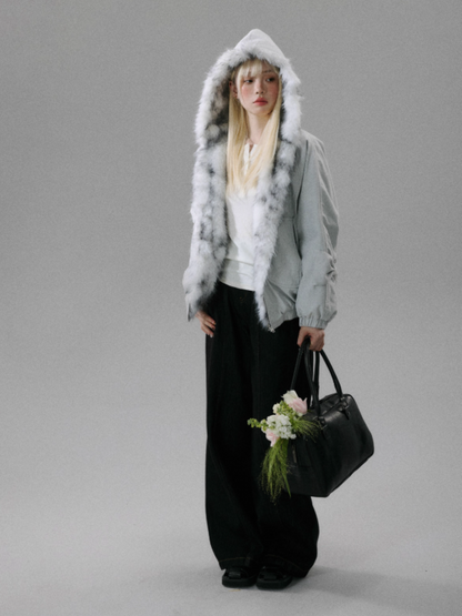 "Northern Frost Rime" Sweet-Cool Plush Hooded Jacket - Gray-White