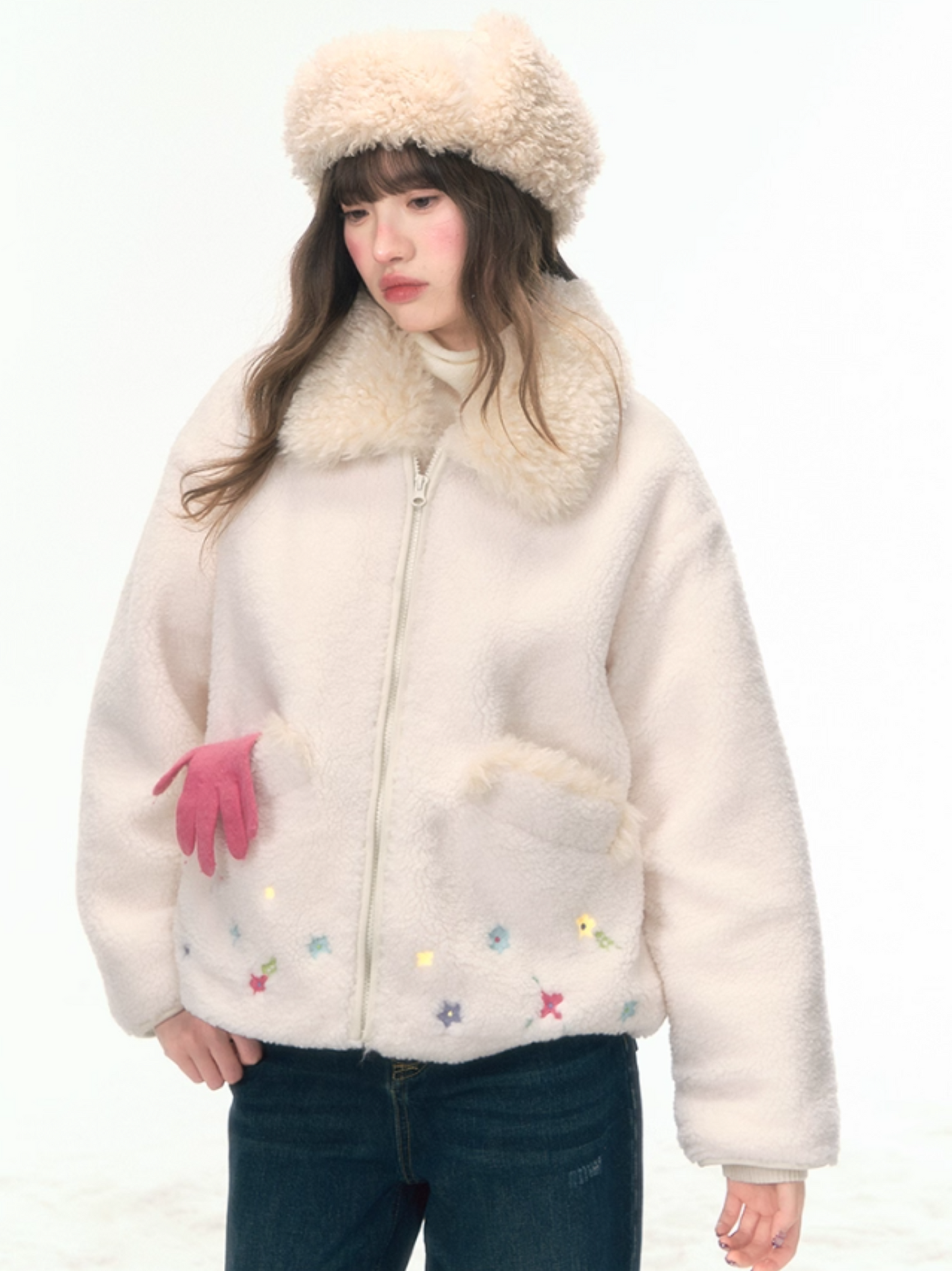 “Spring at Lake Tekapo” Embroidered Sherpa Fleece Short Jacket WW2025463