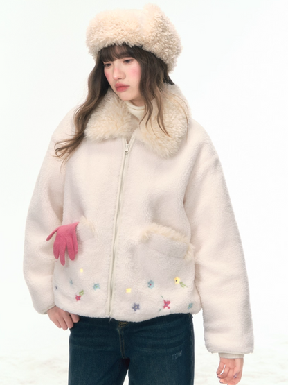 “Spring at Lake Tekapo” Embroidered Sherpa Fleece Short Jacket WW2025463