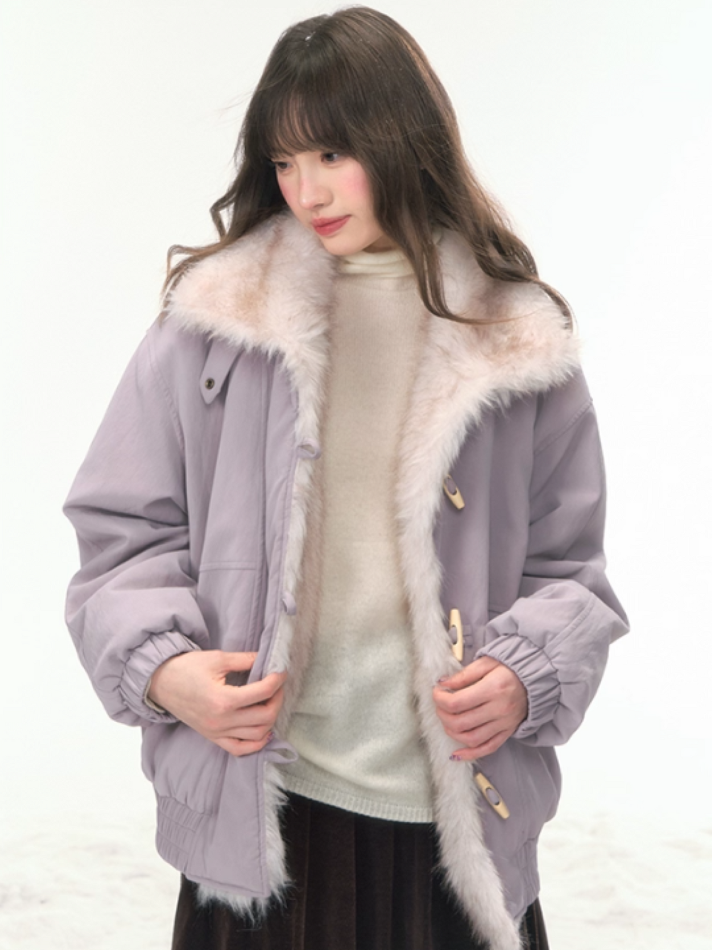 “Caramel Taro Mousse” Faux-Fur PU Leather Short Jacket WW2025458