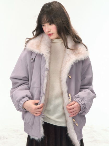 “Caramel Taro Mousse” Faux-Fur PU Leather Short Jacket WW2025458