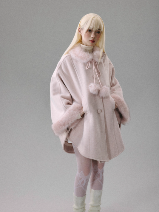 "Sakura Rain" Sweet-Chic Wool-Blend Long-Hair Cape Coat