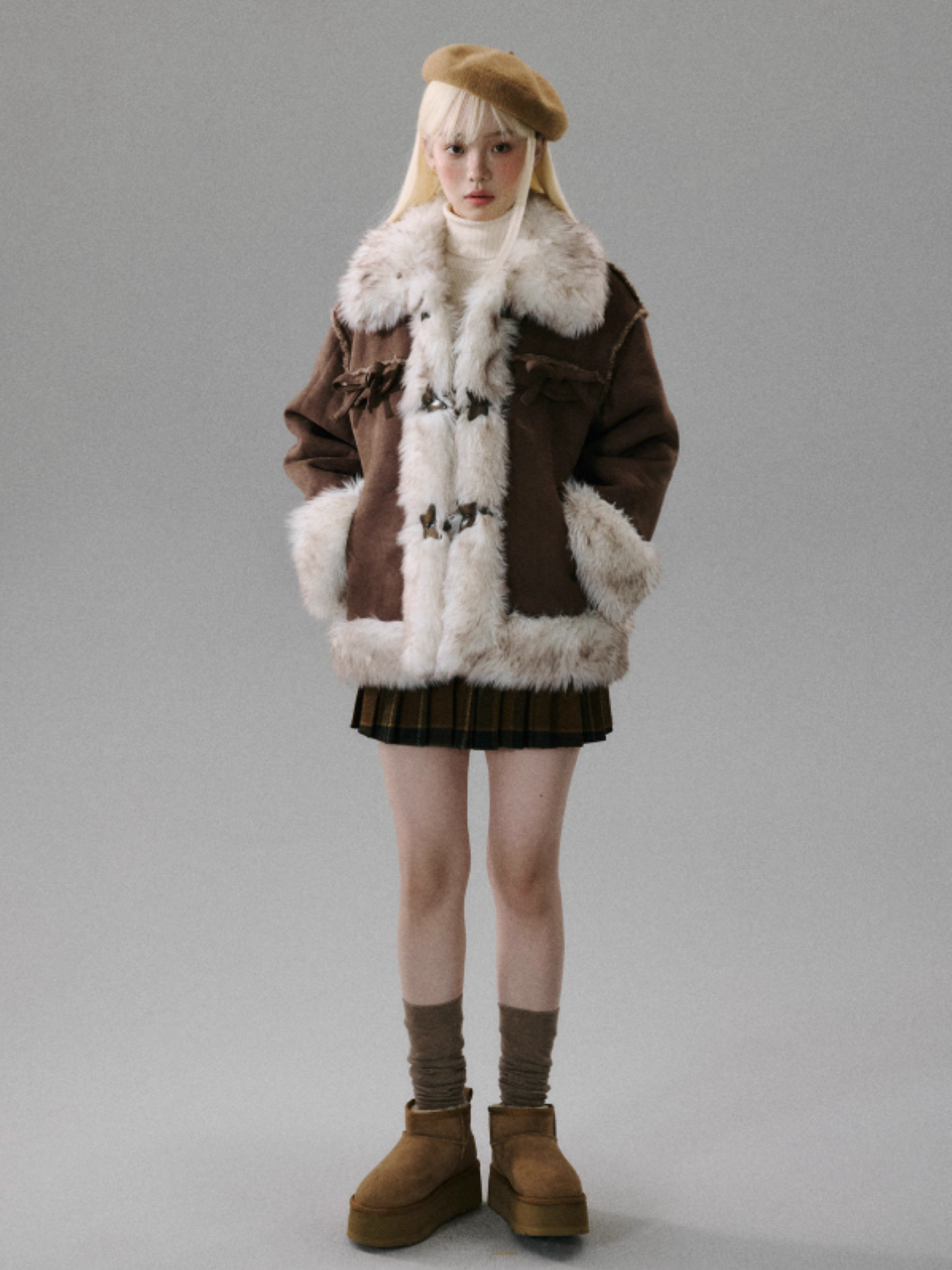 "Walnut Tart" Sweet Bow Shearling-Style Thick Winter Jacket
