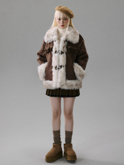 "Walnut Tart" Sweet Bow Shearling-Style Thick Winter Jacket