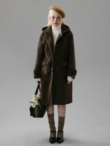 "Ebony Rose" Wool-Blend Hooded Toggle Long Coat - Caramel
