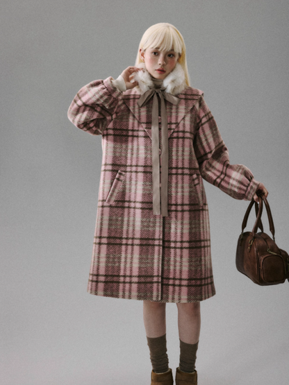 "Ice Blue Checks" Wool A-Line Sailor-Collar Coat - Pink