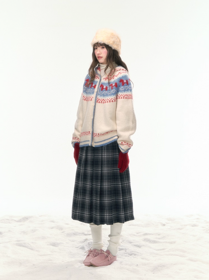 “Christmas Candy Market” Hooded Pony Fair Isle Knit Cardigan WW2025475