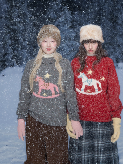 “Christmas Star Rocking Pony” Cozy Wool-Blend Knit Sweater WW2025470