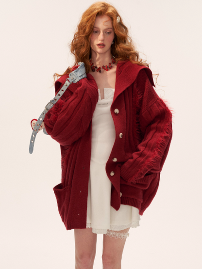 MAMC - Lazy Knit Cardigan with Contrast Stitching (Cabernet Red)