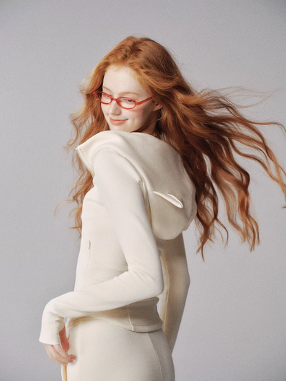 "心动极好" Cat-Ear Cropped Hoodie Two-Piece Set (Crisp White)