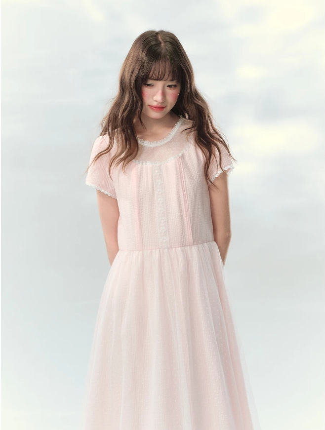 “Peach Bubble Romance” Pink Polka Dot Lace Midi Dress