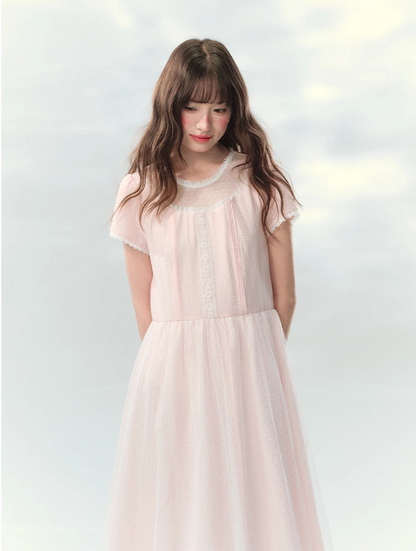 “Peach Bubble Romance” Pink Polka Dot Lace Midi Dress