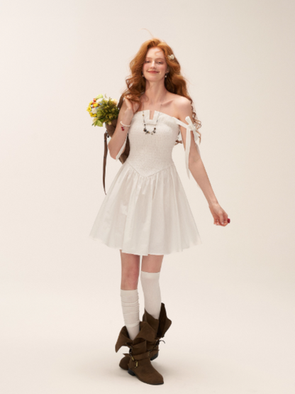 French Bow Tie Strap Smocked Dress WE852 (Classic White)