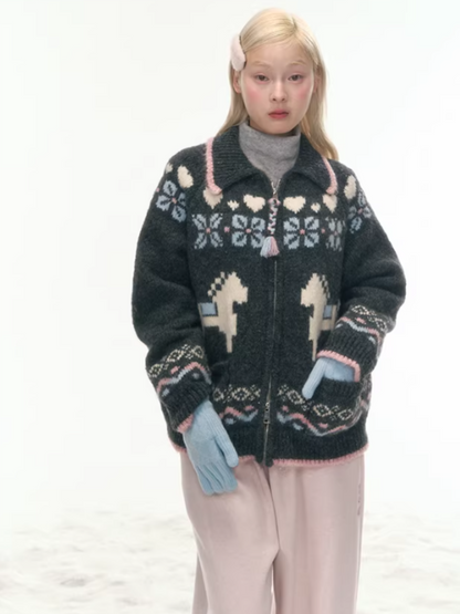 "Nordic Fairytale" Charcoal Pony Zip-Up Knit Cardigan WW2025449