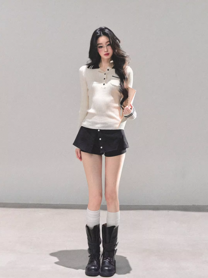 "温蒂的信" Classic Polo Collar Knit Top - White