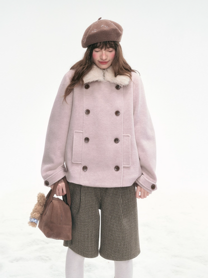 “Pink Letters” Sweet Vintage Double-Breasted Wool-Blend Coat LL2025336