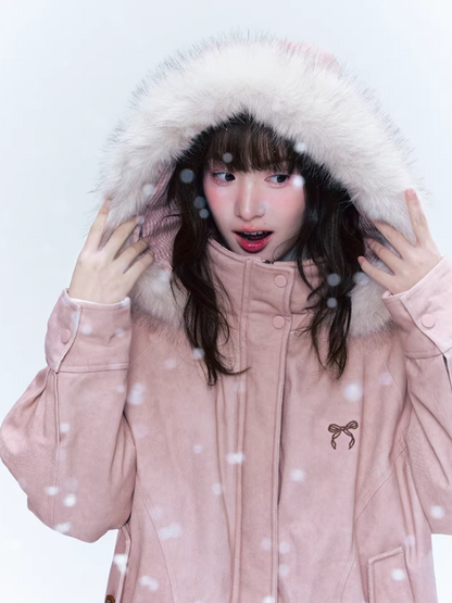 CREAMO2奶油氧气 - Misty Pink Sweet-Cool Detachable Fur-Trim Hooded Puffer Jacket