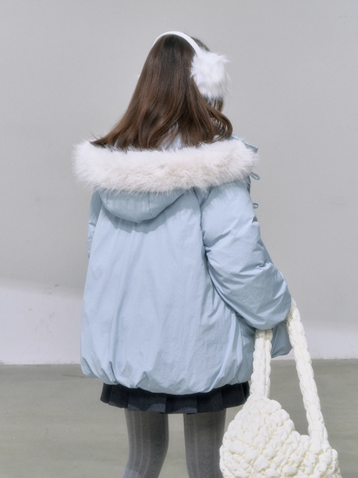 "雪境叠影" Faux Two-Piece Blue Down Jacket with 90% Duck Down & Fur Hood