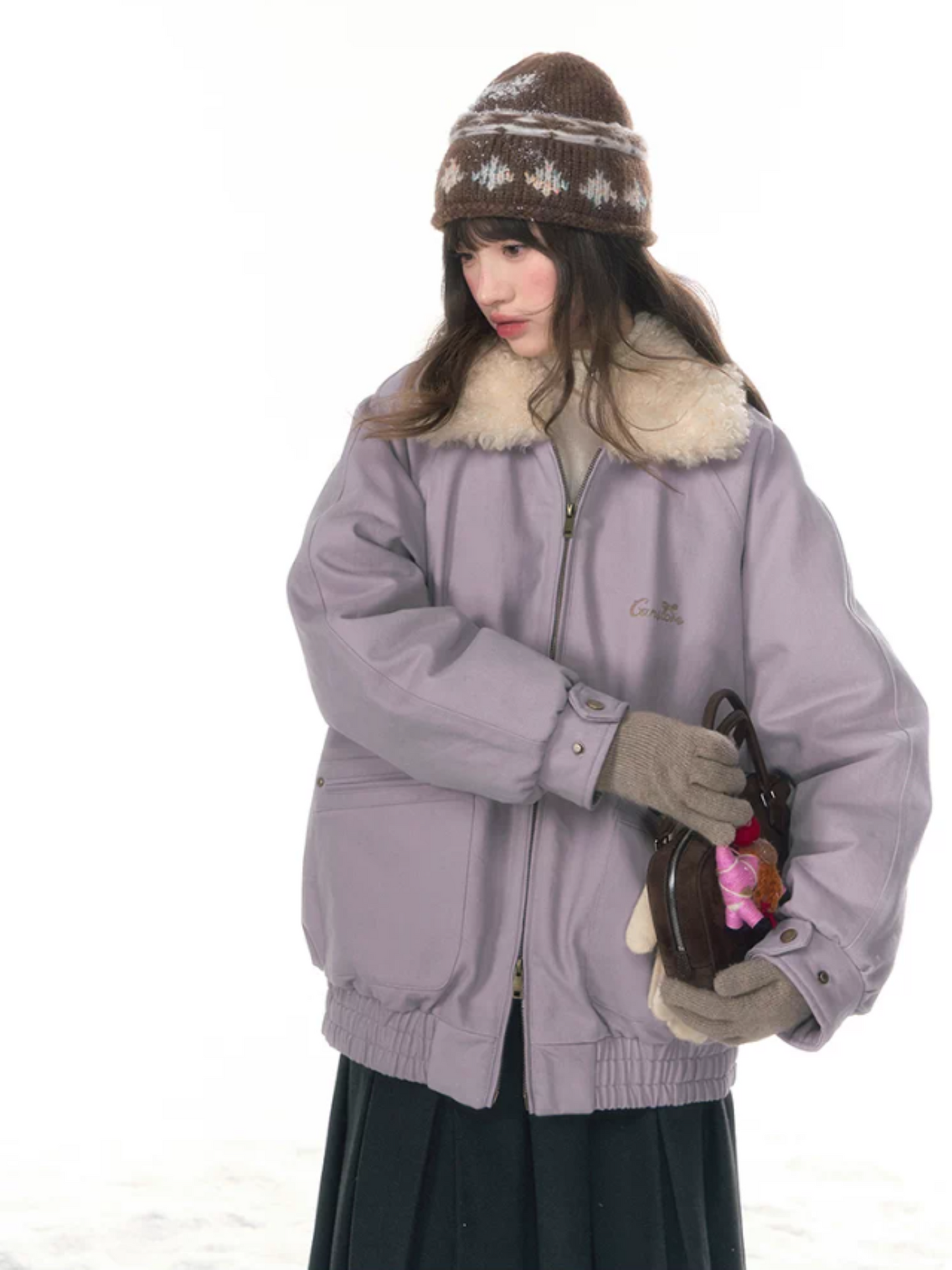 "Misty Lilac" Contrast Fur Collar Utility Down Jacket LL2025457