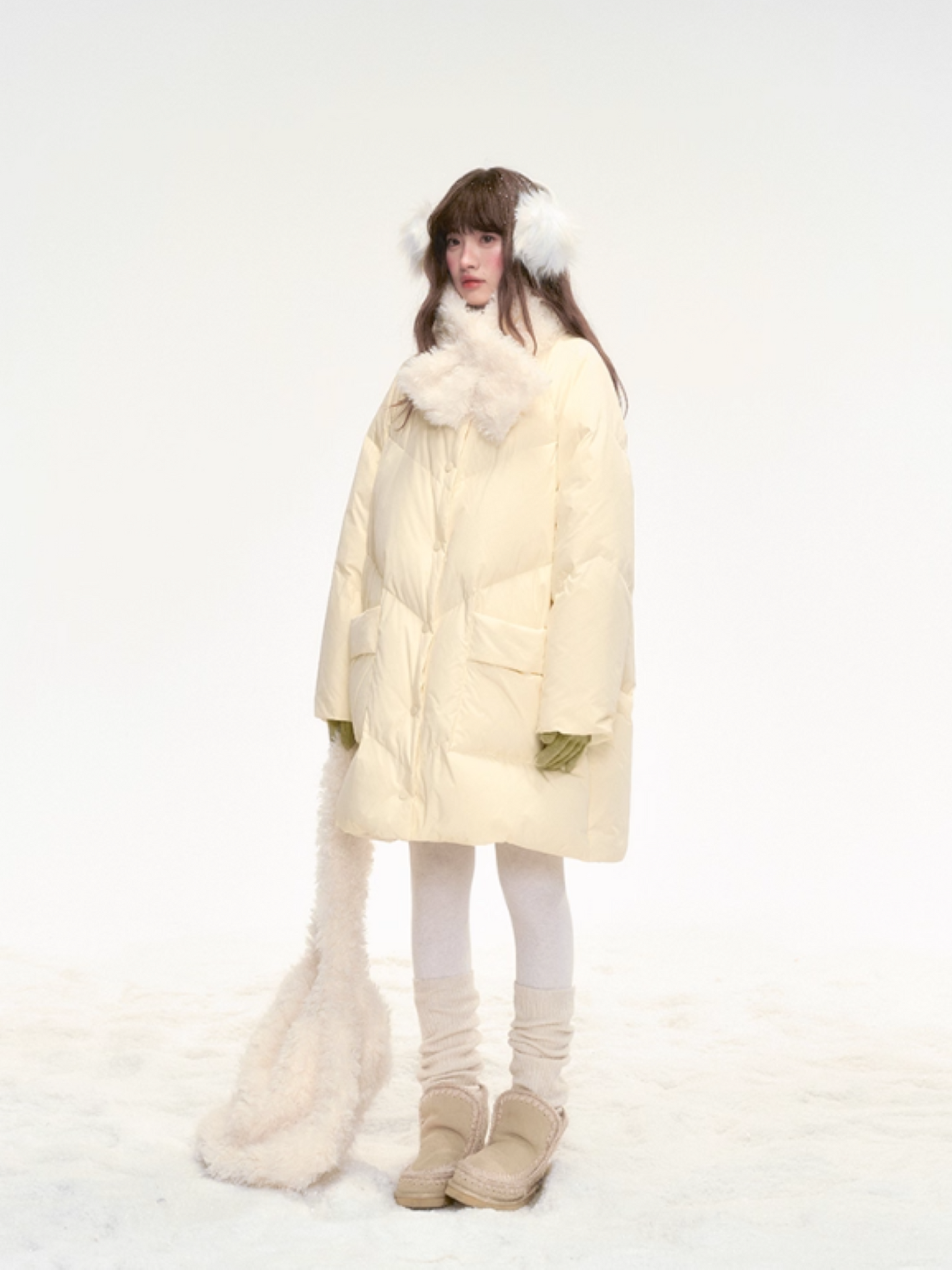 "Honey Glow" Soft Cream Mid-Length Down Jacket SJ2025331