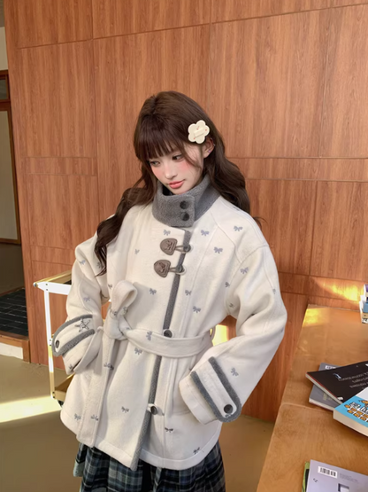 阮阮自制 - "Fog Whisper" Bow Embroidered Wool-Blend Padded Coat