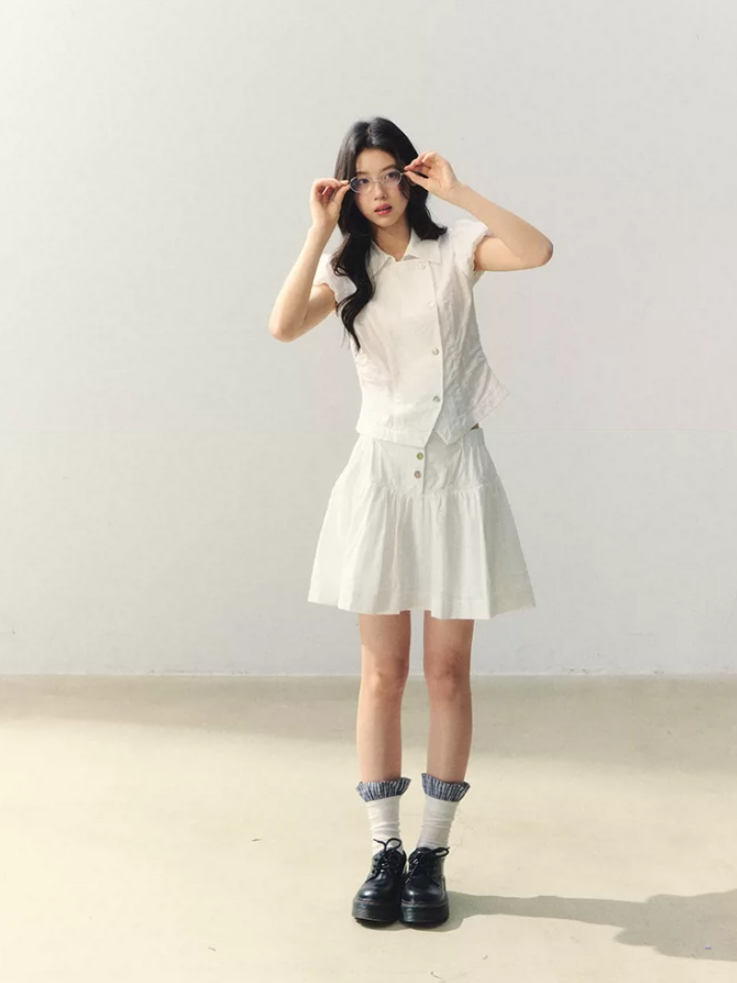 "Summer White Notes" Textured Shirt & Mini Skirt Set LL2026015