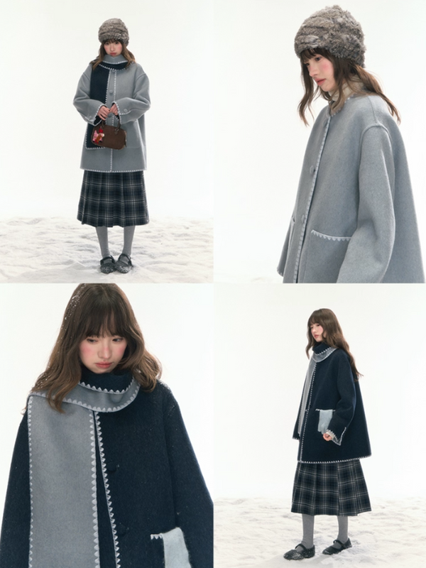 [CAN] "Morning Verse & Night Poem" Reversible Wool Two-Tone Overcoat - Deep Blue × Light Blue LL2025455