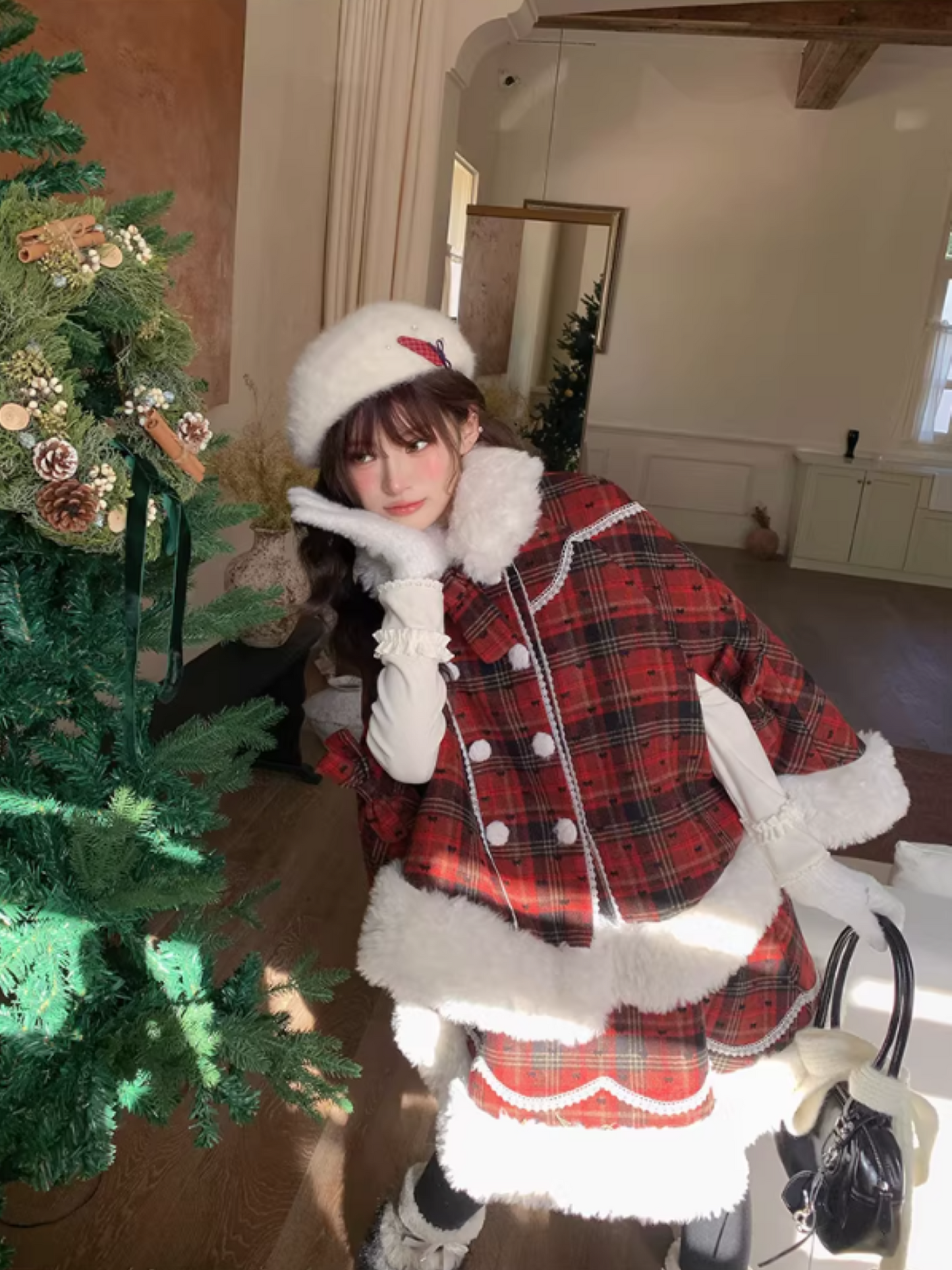 阮阮自制 - "Snowberry Dream" Plaid Cape Wool Blend Two-Piece Winter Set