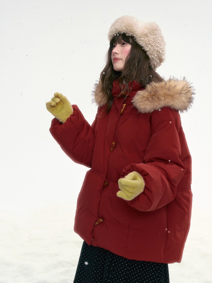 “Redwood Reverie” Festive Red Duffle-Hood Down Jacket LL2025317