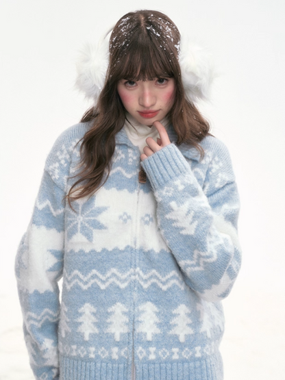 "Frost Whisper" Blue Vintage Contrast Knit Cardigan LL2025305