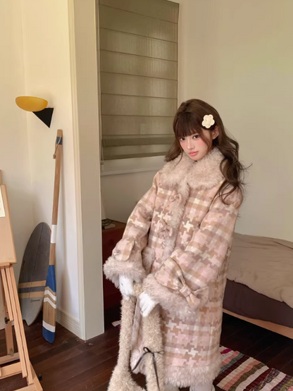 阮阮自制 - Clara Bow Blush Plaid Wool-Blend Padded Coat