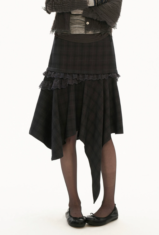 Grey Plaid Asymmetrical Lace Midi Skirt
