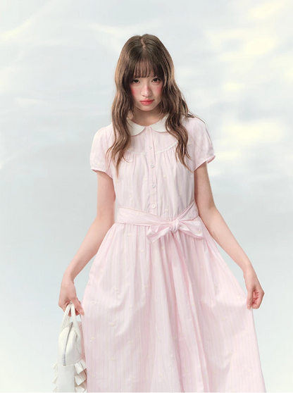 “Pink Mist Soufflé” Blush Pink Embroidered Doll Collar Dress