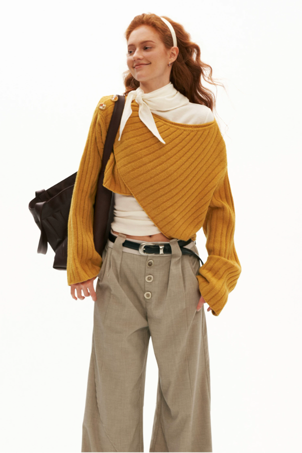 MAMC - Soft Recycled Airy Knit Cross-Neck Sweater (Red / Yellow / Ivory)