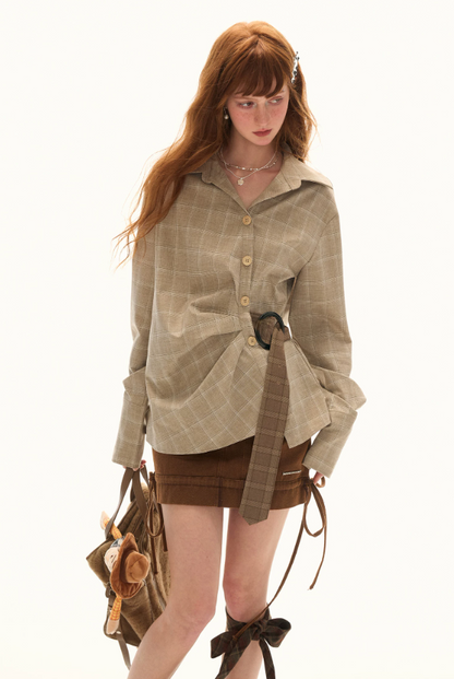 MAMC - Taupe Houndstooth Ring-Belt Shirt