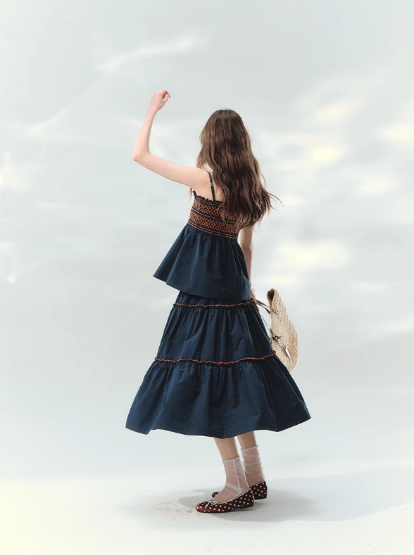 “Bohemian Travel Notes” Navy Beaded Cami & Tiered Maxi Skirt Set