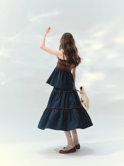 “Bohemian Travel Notes” Navy Beaded Cami & Tiered Maxi Skirt Set