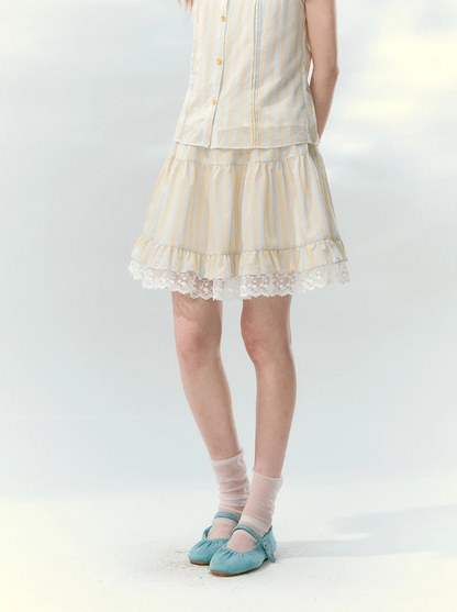 “Spring Lemon Breeze” Milk Blue Striped Shirt & Tiered Mini Skirt Set