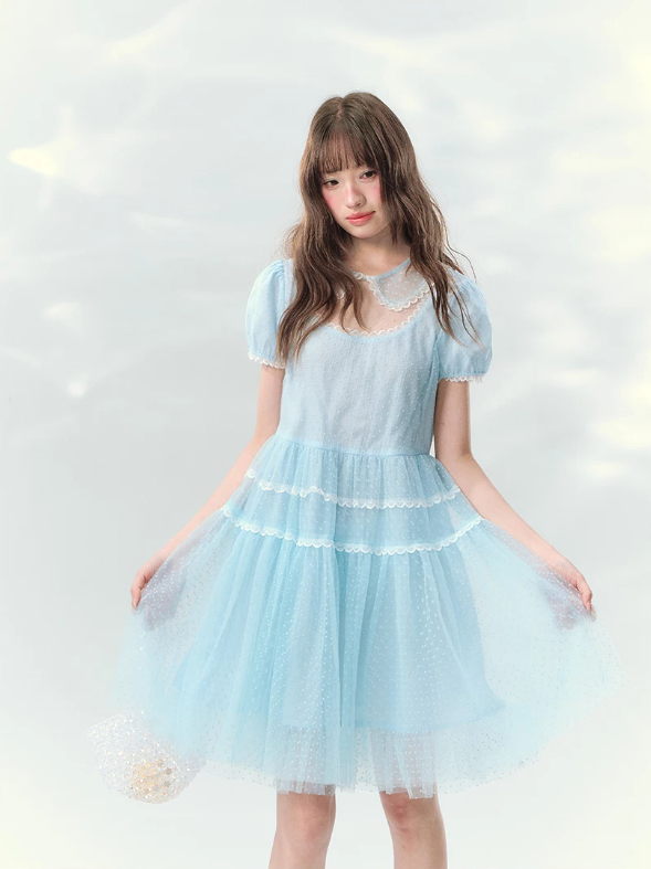 “Ice Blue Polka Dream” Blue Polka Dot Tiered Mini Dress