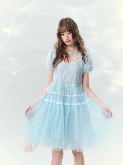 “Ice Blue Polka Dream” Blue Polka Dot Tiered Mini Dress