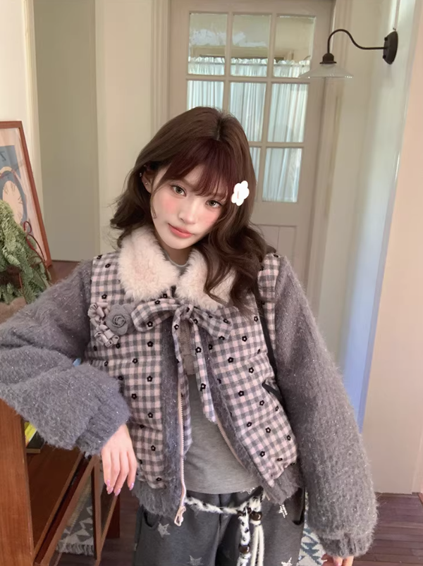 阮阮自制 - "Mist Isle Sakura" Faux-Layered Plaid Fur-Collar Puffer Jacket