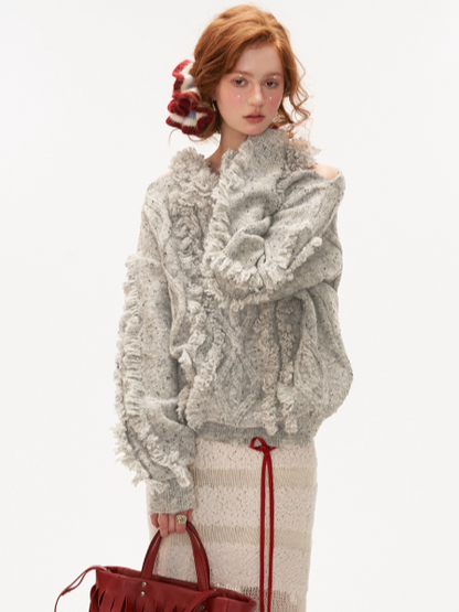 MAMC - Gray Off-Shoulder Fringe Knit Sweater WE264