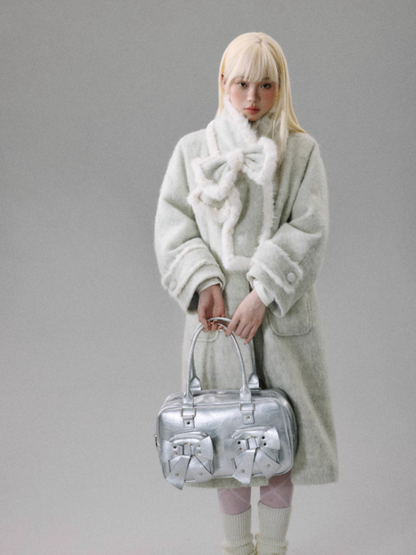 "Sakura-Tipped Reverie" Wool-Blend Wave-Texture Coat with Detachable Bow Scarf - Gray