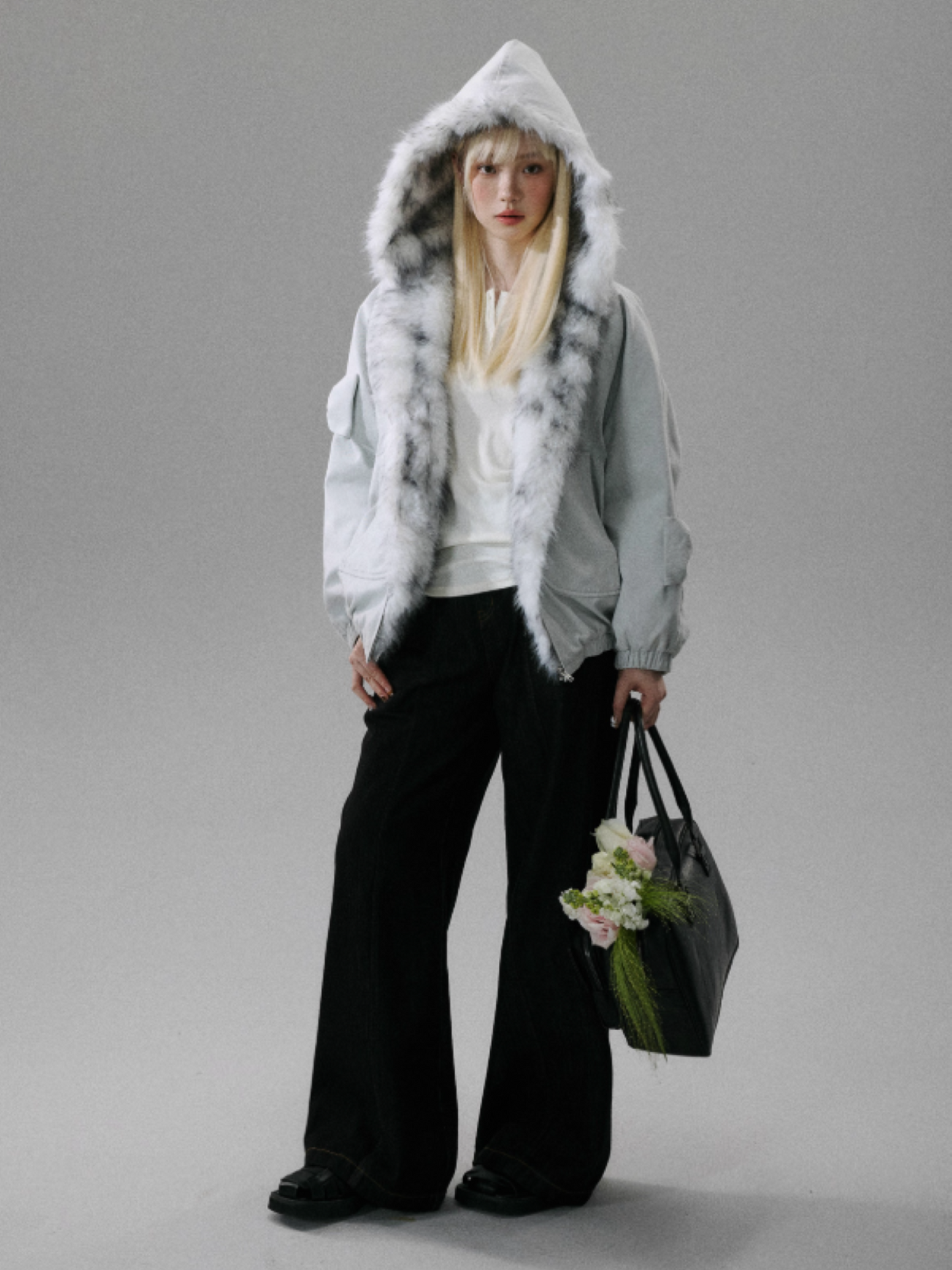"Northern Frost Rime" Sweet-Cool Plush Hooded Jacket - Gray-White