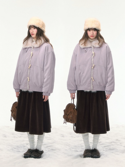 “Caramel Taro Mousse” Faux-Fur PU Leather Short Jacket WW2025458