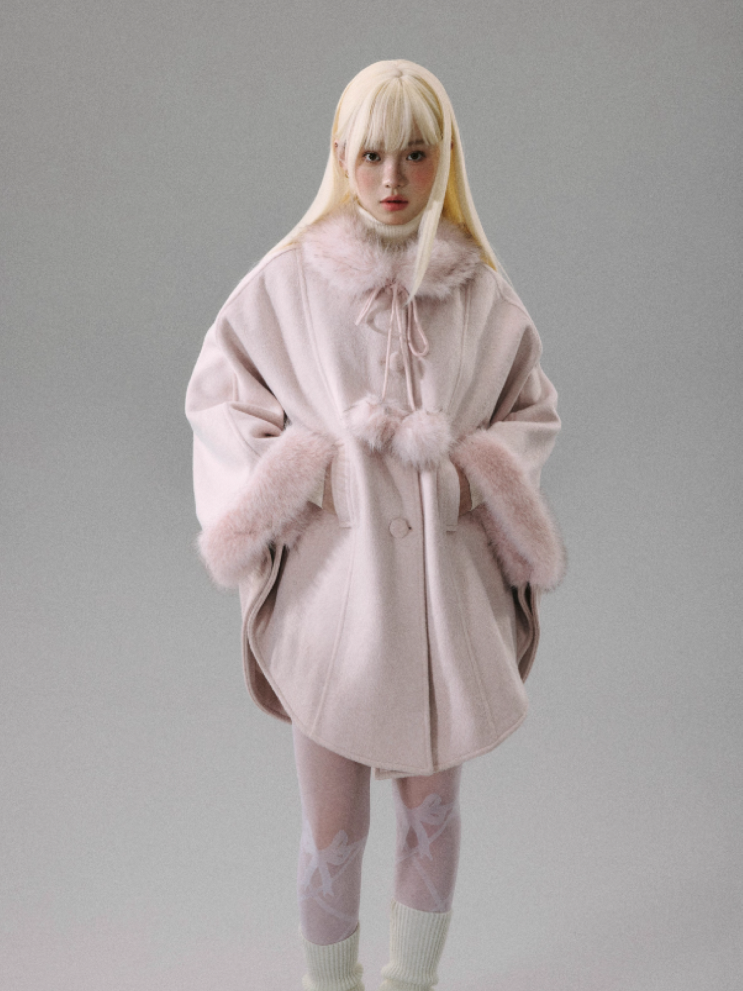 "Sakura Rain" Sweet-Chic Wool-Blend Long-Hair Cape Coat